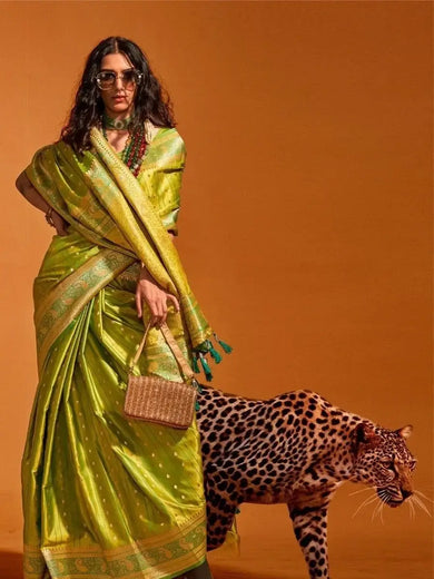 Stunning Green Zari Weaving Satin Function Wear Saree With Blouse